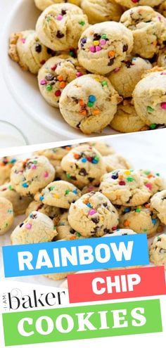 rainbow baked cookies with sprinkles and chocolate chips in a white bowl on a table