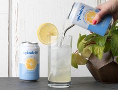 a person pouring lemonade into a glass next to a potted plant and a can