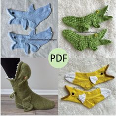 four different knitted dinosaurs are shown in three different colors and sizes, one is green, the other is blue