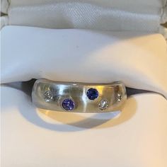 Sz 7.5 Special One Of A Kind Designed By Myself 14 K White Gold (9g Wt) With 3 Diamonds And 2 Sapphires (A Lavender And A Blue Violet Colors). Thick, Gorgeous, Weighty Ring Hand Crafted By Skalet Family Jeweler’s In Sacramento. Sapphire Color, Blue Violet, Womens Jewelry Rings, Lavender, Violet, Sapphire, White Gold, Women Jewelry, Purple