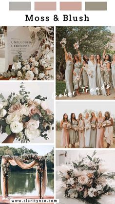 a collage of photos with flowers and greenery on them, including the bridesmaid's bouquets