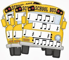 three yellow school buses with musical notes on them