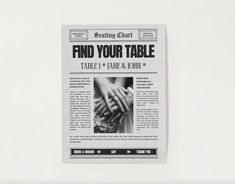 a newspaper with the words find your table written on it and hands holding each other