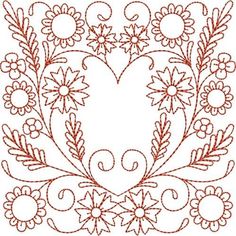 an embroidered heart with flowers and leaves in the shape of a flower arrangement on a white background