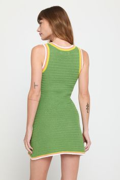 Tight knit. A fitted, short-length, crochet stitch dress with a scoop neckline and multi-color pop stripe edges. Made in our Crochet Knit fabrication, this 100% cotton yarn is super soft, and the open stitch makes these items perfect for hot summer days and warm summer nights. | River Crochet Dress in Cactus Spring Green Crochet Knit Dress, Green Knit Crochet Dress For Spring, Fitted Cotton Crochet Mini Dress, Casual Green Crochet Knit Dress, Fitted Green Crochet Casual Dress, Fitted Casual Crochet Cotton Dress, Fitted Casual Cotton Crochet Dress, Casual Fitted Cotton Crochet Dress, Casual Fitted Mini Dress With Crochet Trim