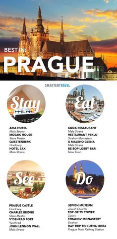 the best places to see in prague, germany info sheet with images and text on it