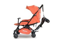 an orange stroller with wheels and seat attached to the handlebars, on a white background