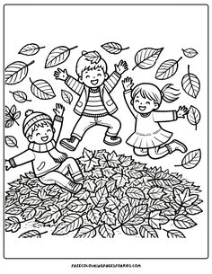 Watch your children delight in the joy of jumping into a colorful assortment of leaves, tossing them high into the sky. November Colors, Fall Coloring, Toddler Homeschool, Thanksgiving Coloring Pages