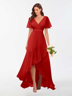 #color_Red Red V-neck Chiffon Wedding Dress, Red Chiffon V-neck Maxi Dress, Red V-neck Maxi Dress For Bridesmaid, Red V-neck Chiffon Dress For Wedding, Bridesmaid Look, Diana Dress, Enchanting Dress, Western Gown, Short Sleeves Dress