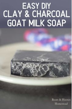 easy diy clay and charcoal goat milk soap on a plate with text overlay