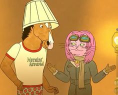 a cartoon horse wearing a hat and glasses next to a person in pajamas with a cat on their head