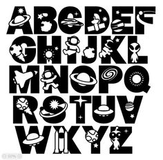 the alphabet is made up of black and white letters with space related symbols on them