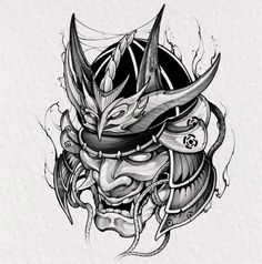 a drawing of a demon mask with horns on it's head and two eyes