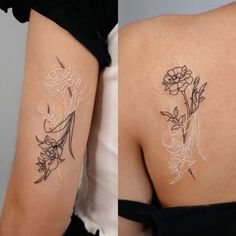 two pictures of tattoos on the back of women's bodies, one with flowers