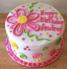 a decorated birthday cake on a wooden table