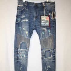 Heritage America Denim Distillery Biker Denim Jeans. 5-Pockets. Button/Zip Closure. Blue Distressed Rigid Denim Cargo Jeans, Urban Denim Jeans With Patch Pockets, Biker Denim Jeans, Sean John Jeans, Carhartt Carpenter Jeans, Slouch Jeans, Lee Dungarees, Biker Denim, Flannel Lined Jeans