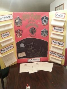 a display with harry potter badges on it