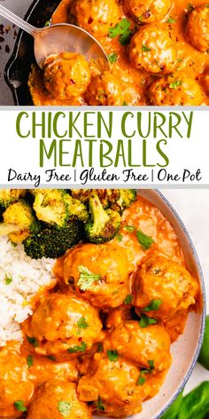 chicken curry meatballs served with rice and broccoli