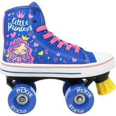 a pair of blue shoes with pink and yellow wheels on the bottom, which reads little princess