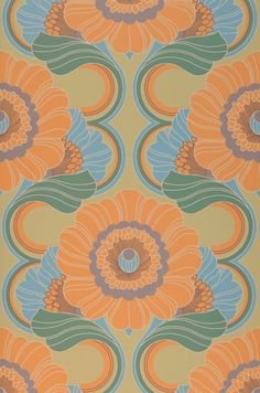 an orange and blue wallpaper with large flowers on the bottom, in different colors