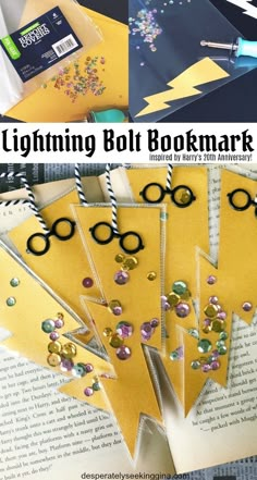 an image of a bookmark with harry potter glasses on it and the title lightning bolt bookmark