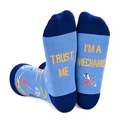 MECHANIC SOCKSBlue mechanic socks are printed with wrenches, pliers, tires, oil and other essential elements of car mechanic. And funny saying "Trust Me I'm A Mechanic" is printed on the sole of the foot.SIZE & PACKINGMechanic socks. One size fits most: Unisex design fits most men US size 6-13 feet, and most women US size 7 and up. 1 pair comes in each plastic zippered HAPPYPOP bag.QUALITY MATERIALTrust me socks use 80% cotton, 17% polyamide, 3% spandex to ensure our socks are soft, High Qua Bus Driver Appreciation Gifts, Medical Socks, Nurse Socks, Bus Driver Appreciation, Dental Assistant Gifts, Electrician Gifts, Bus Driver Gifts, Diesel Mechanics, Mechanic Gifts