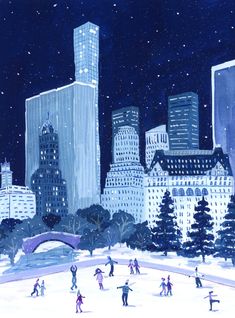 a painting of people skating on the ice rink in front of city buildings at night