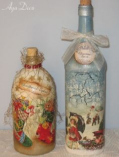 two decorative bottles are sitting next to each other