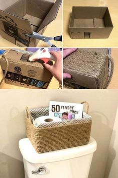 four pictures showing how to make a cardboard box on top of a toilet with the lid open