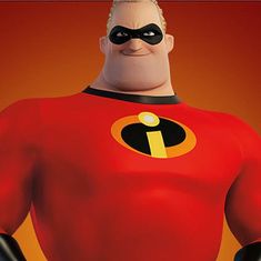 the incredible mr incredible from disney pixars is standing in front of an orange background