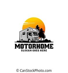 an rv park logo with the sun setting in the background and trees on the other side