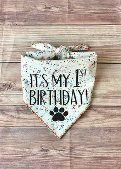 a dog bandana with the words it's my 1st birthday and a paw print