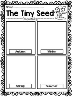 the tiny seed book with four different words and pictures on it, in black and white