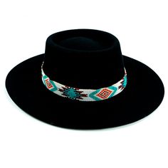 Price includes a Brigitte Sambboho hat & an Aztec (Flat) hatband. Save 10% with this bundle. Select hat size. Hatband is one size fits all. Hatband is removable.  The fanciest hat you will ever wear. Sambboho's Brigitte black hat is a dipped crown boater design with a custom trimmed genuine velvet black band. A st Native American Vest, Aztec Hat, Beaded Caps, Cowgirl Closet, Beaded Hat Bands, Hat Inspiration, Hat Bands, Beaded Hat, Hat Organization