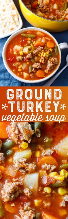 ground turkey vegetable soup in a yellow bowl