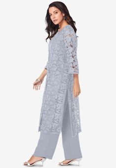 Three-Piece Lace Duster & Pant Suit | Catherines Evening Suits For Women Duster, Silver Formal Pants, Mother Of The Bride Pant Suit, Elegant Pants Suits Wedding, Grandma Wedding Outfit, Pants Set Outfit Women, Luxury Floor-length Pant Set For Women, Elegant Fitted Floor-length Pant Set, Three Piece Suit Women's