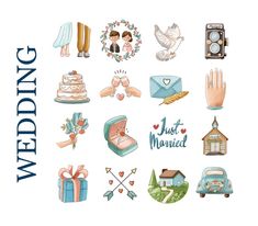 wedding stickers are arranged on a white background