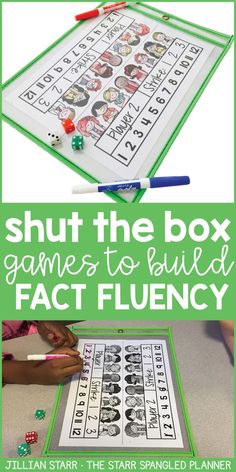 a green and white poster with the words shut the box games to build fact flueny