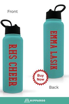 two blue water bottles with red lettering on the front and back, both have black caps