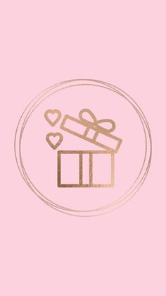 a pink background with a gold gift box and hearts on the top, in a circle