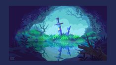 an image of a video game scene with two crosses in the woods and water at night