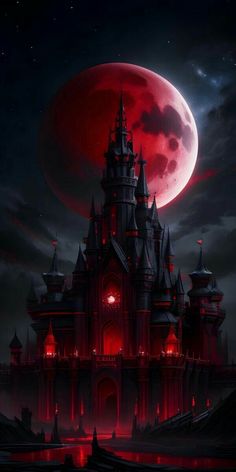 the castle is lit up at night with red light on it's windows and in front of a full moon