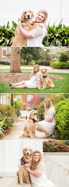 two women are hugging their dogs in front of a tree and grass area with bushes