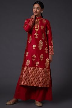 Balance By Rohit Bal-Red Block Print Kurta With Palazzo-INDIASPOPUP.COM Kurta And Palazzo, Kurta With Palazzo, Red Kurta, Rohit Bal, Palazzo Set, Luxury Sale, Indian Fashion Designers, Chevron Print, Red Silk