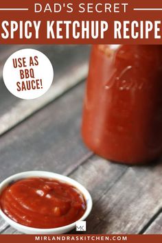 a small white bowl filled with barbecue sauce next to a jar of bbq sauce