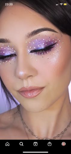 Speak Now Makeup Eras Tour, Olivia Rodrigo Guts Tour Makeup Ideas, Purple Carnival Makeup, Six The Musical Makeup Ideas, Colorguard Makeup Looks, Purple Stage Makeup, Glinda Makeup Wizard Of Oz, Purple Makeup With Gems, Color Guard Makeup Ideas