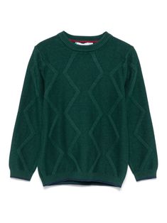 dark green cotton-wool blend knitted construction embossed detail crew neck long sleeves ribbed cuffs and hem Dress With Jean Jacket, Teen Boy Outfits, Baby Boy Accessories, Dolce And Gabbana Kids, Detailed Sweater, Cotton Wool, Stella Mccartney Kids, Suits Coats, Green Sweater