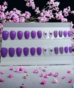 Length/Shape: Short Oval Finish: Glossy How Many Nails: 24 Handmade Nails (size 0-11) This Set Includes: - 24 Handmade Nails (size 0-11) - Nail Glue - Small Nail File - Small Cuticle Pusher - Alcohol Wipe - Adhesive Nail Tabs - Storage Box/Package *All of our nails are reusable. For longer wear, use both the adhesive nail tabs and nail glue * Heart Nails Short, Nails Short Oval, Nails Full Set, Short Oval Nails, Nails Oval, Handmade Nails, Nails Size, Nails Purple, Small Nail