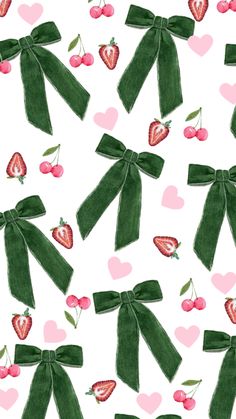 watercolor pattern with green bow and cherries on white background for valentine's day