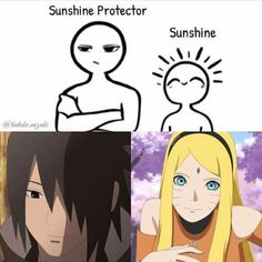 two anime characters, one with blue eyes and the other with blonde hair that says sunshine protector